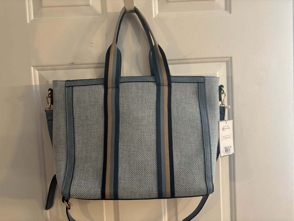Jen & Co. M2086CN Striped Canvas Vegan Leather Tote Bag Blue